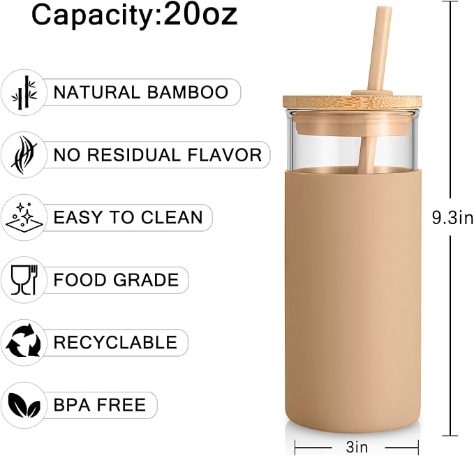 20 oz Glass Tumbler with Bamboo Lid & Straw – Reusable Iced Coffee Cup with Silicone Sleeve