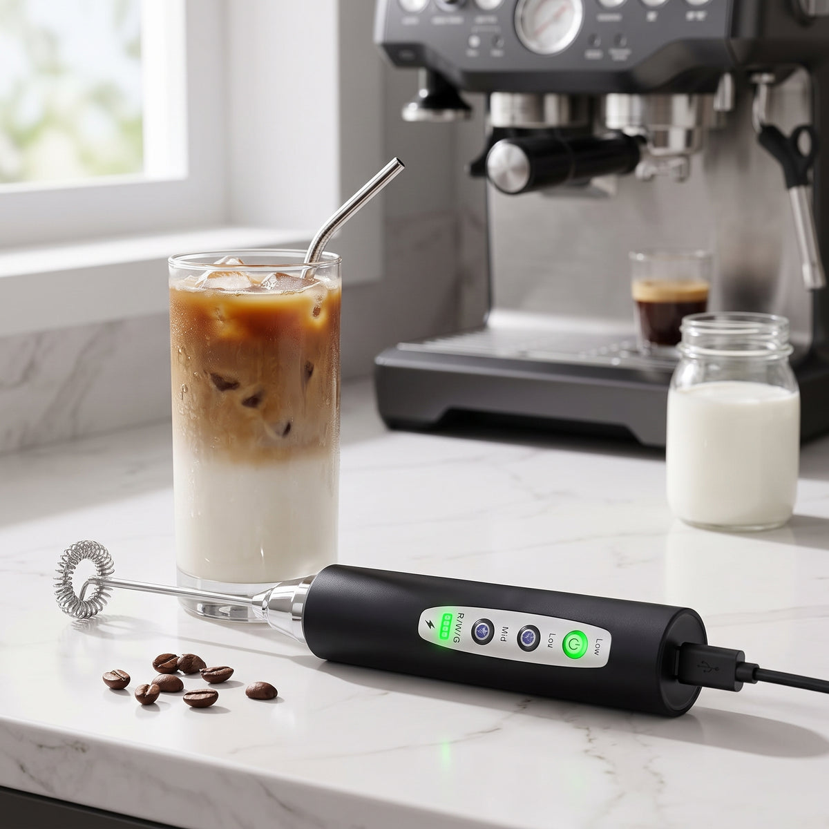 Rechargeable Handheld Milk Frother Wand with 3 Whisk Heads & 3 Speeds — Electric Coffee Drink Mixer for Lattes, Cappuccino, Matcha & Protein Powder