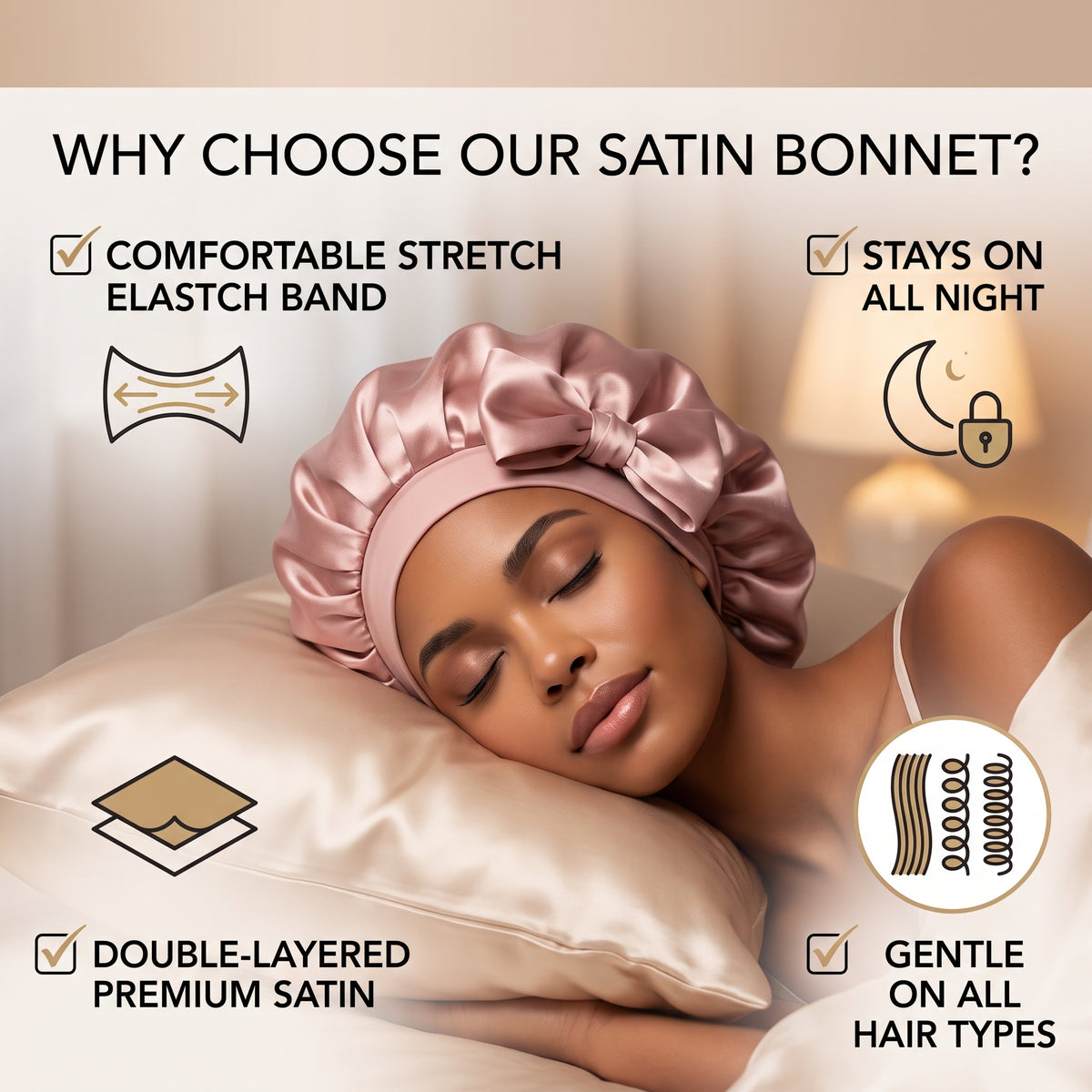 YANIBEST Adjustable Silk Satin Bonnet for Sleeping – Double Layer Sleep Cap with Tie Band to Prevent Frizz & Protect Curly Hair