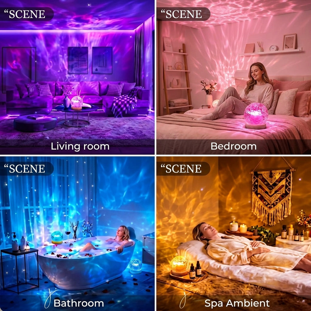3-in-1 Crystal Glass LED Ambient Light Projector — 16-Color Ocean Wave & Sunset Lamp with Remote Control, Timer & Wooden Base