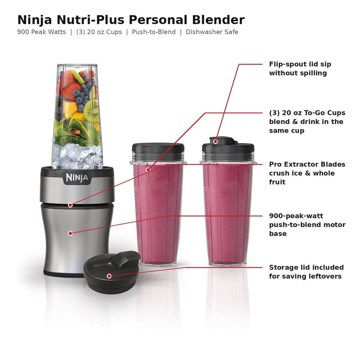 Ninja Nutri-Plus Personal Blender (BN301), 900-Peak-Watt Push-to-Blend Motor