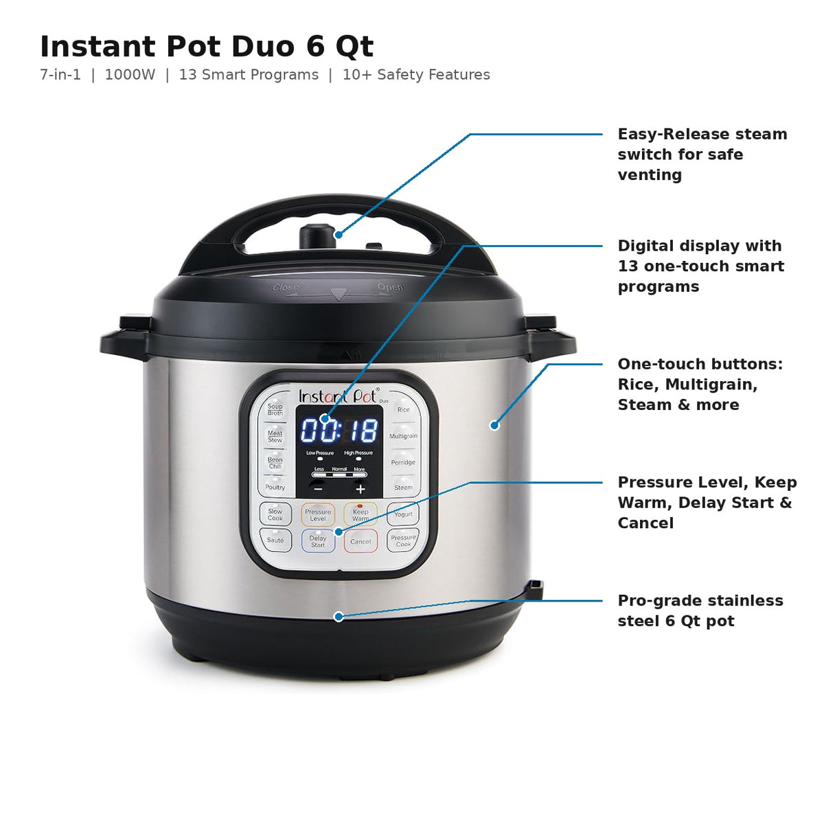 Instant Pot Duo 6-Quart 7-in-1 Electric Pressure Cooker & Slow Cooker with Stainless Steel Pot