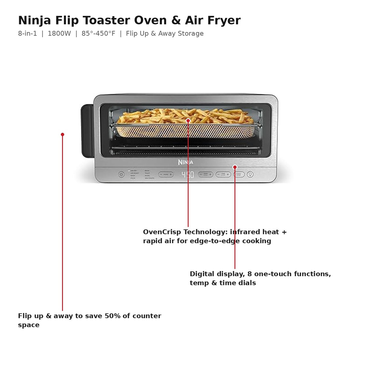 Ninja Digital Air Fry Countertop Oven (SP151) 8-in-1 Flip-Away Toaster Oven, 1800W, Stainless Steel