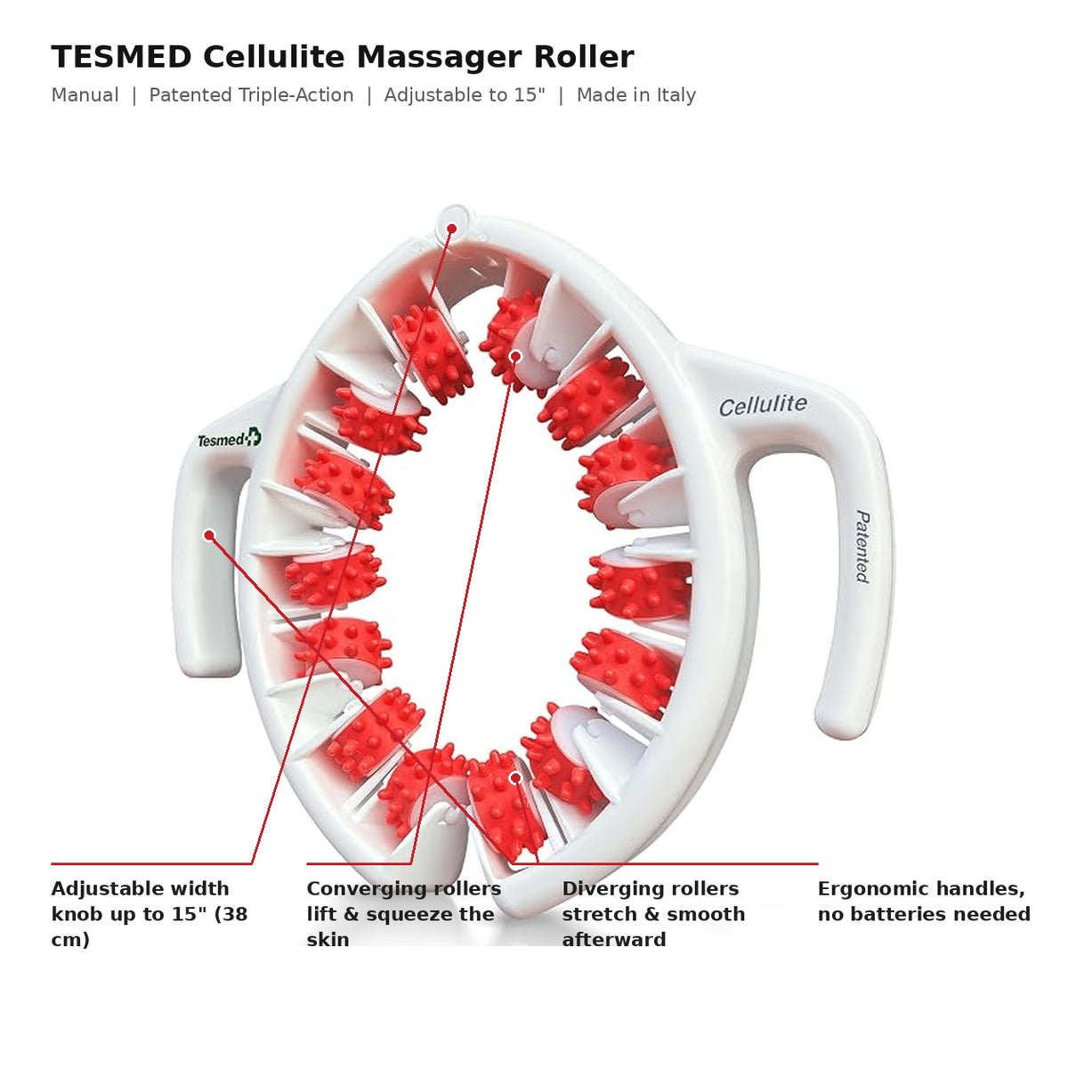 TESMED Anti-Cellulite Manual Massager Roller — Patented Italian Triple-Action Roller for Thighs, Legs, Glutes, and Abdomen