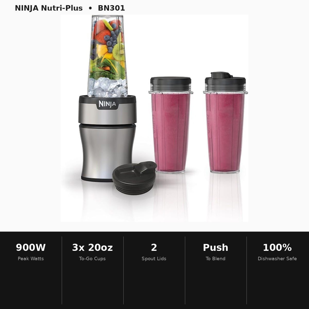 Ninja Nutri-Plus Personal Blender (BN301), 900-Peak-Watt Push-to-Blend Motor