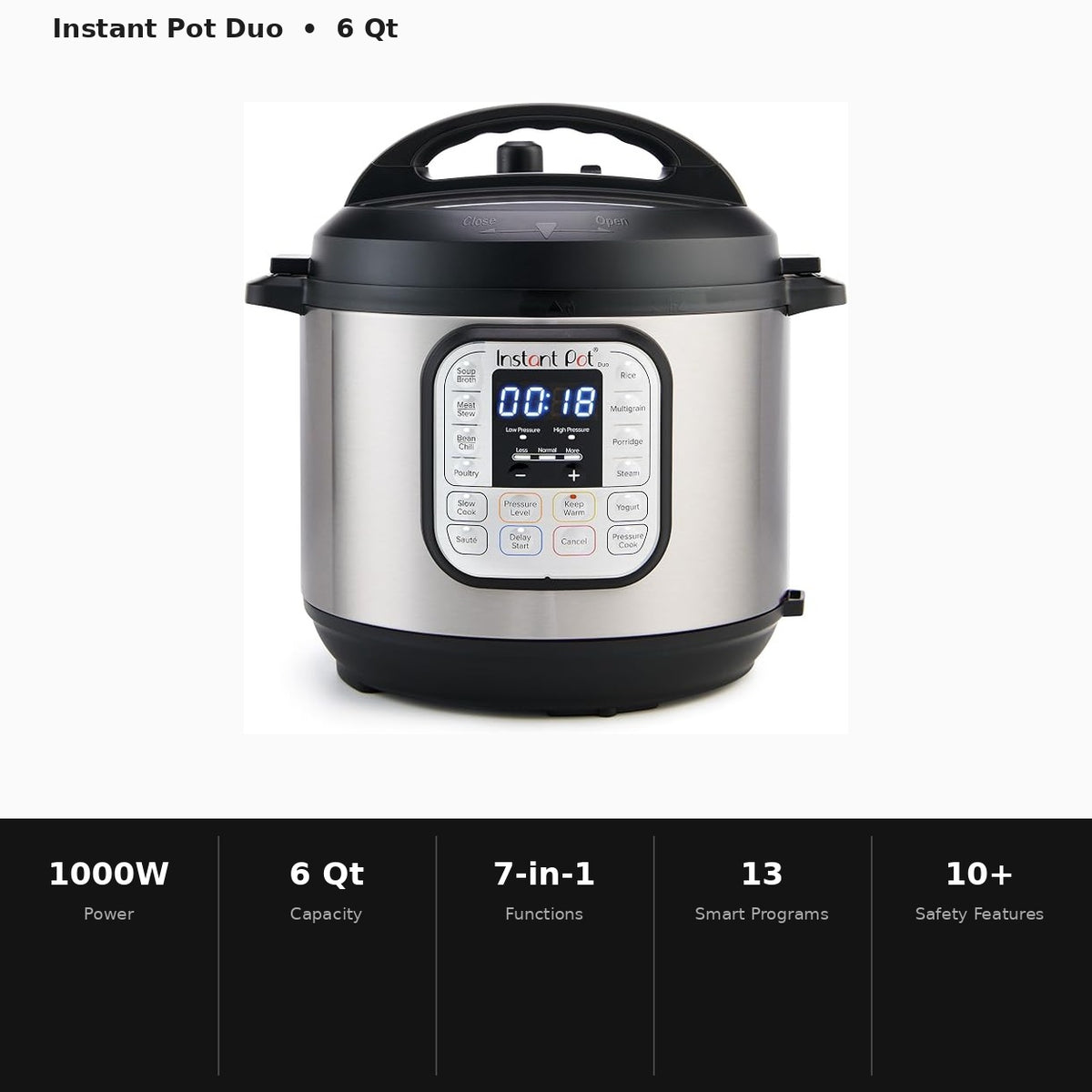 Instant Pot Duo 6-Quart 7-in-1 Electric Pressure Cooker & Slow Cooker with Stainless Steel Pot