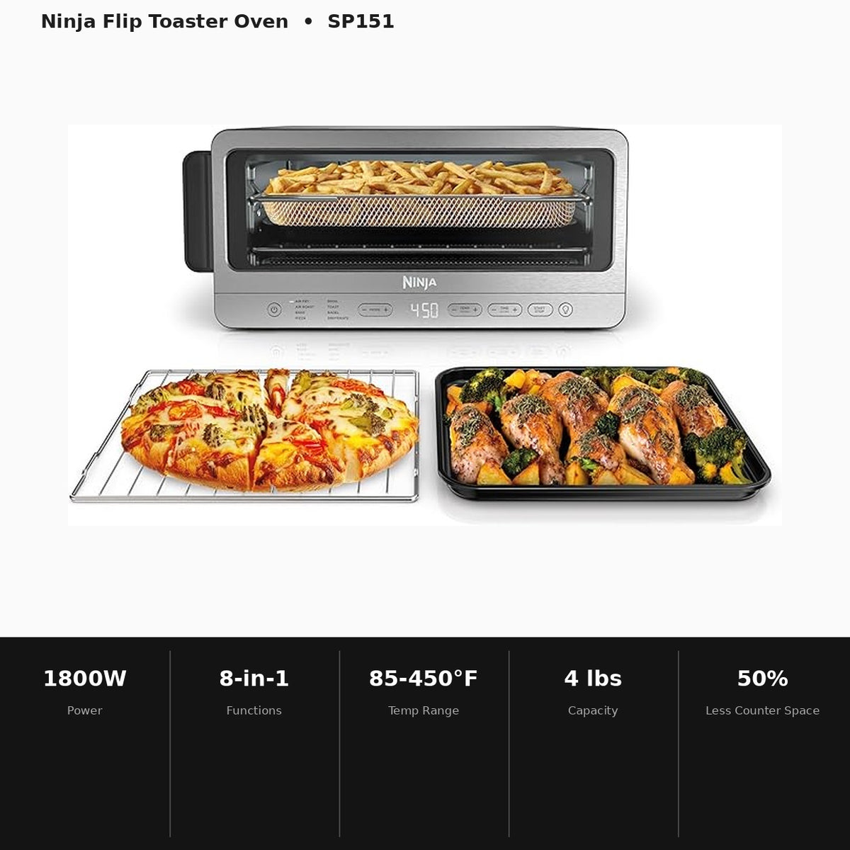 Ninja Digital Air Fry Countertop Oven (SP151) 8-in-1 Flip-Away Toaster Oven, 1800W, Stainless Steel