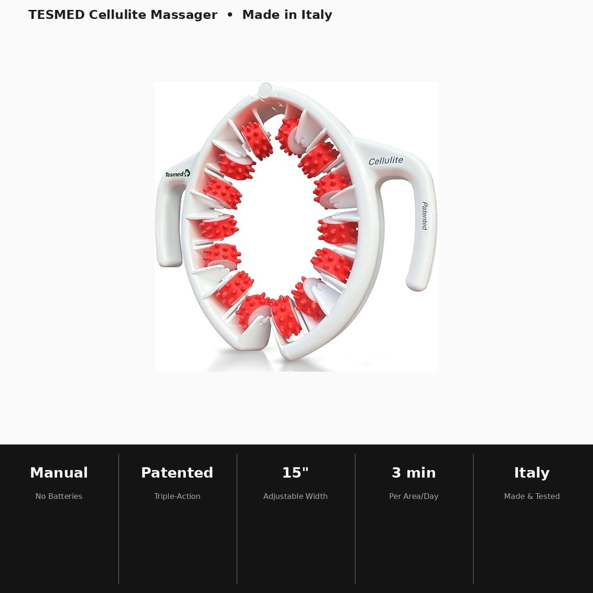 TESMED Anti-Cellulite Manual Massager Roller — Patented Italian Triple-Action Roller for Thighs, Legs, Glutes, and Abdomen