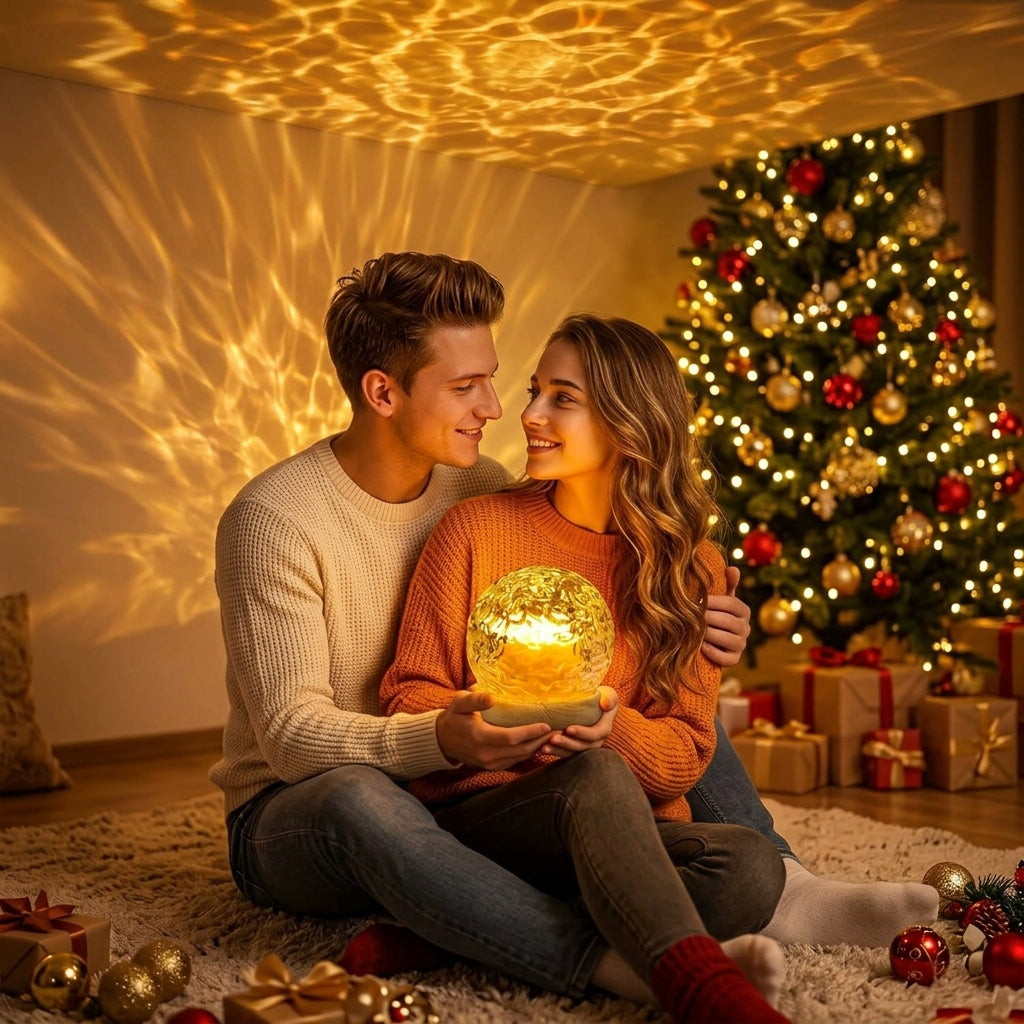 3-in-1 Crystal Glass LED Ambient Light Projector — 16-Color Ocean Wave & Sunset Lamp with Remote Control, Timer & Wooden Base