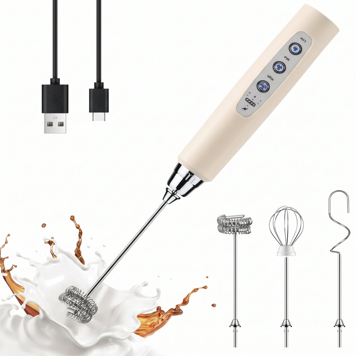 Rechargeable Handheld Milk Frother Wand with 3 Whisk Heads & 3 Speeds — Electric Coffee Drink Mixer for Lattes, Cappuccino, Matcha & Protein Powder