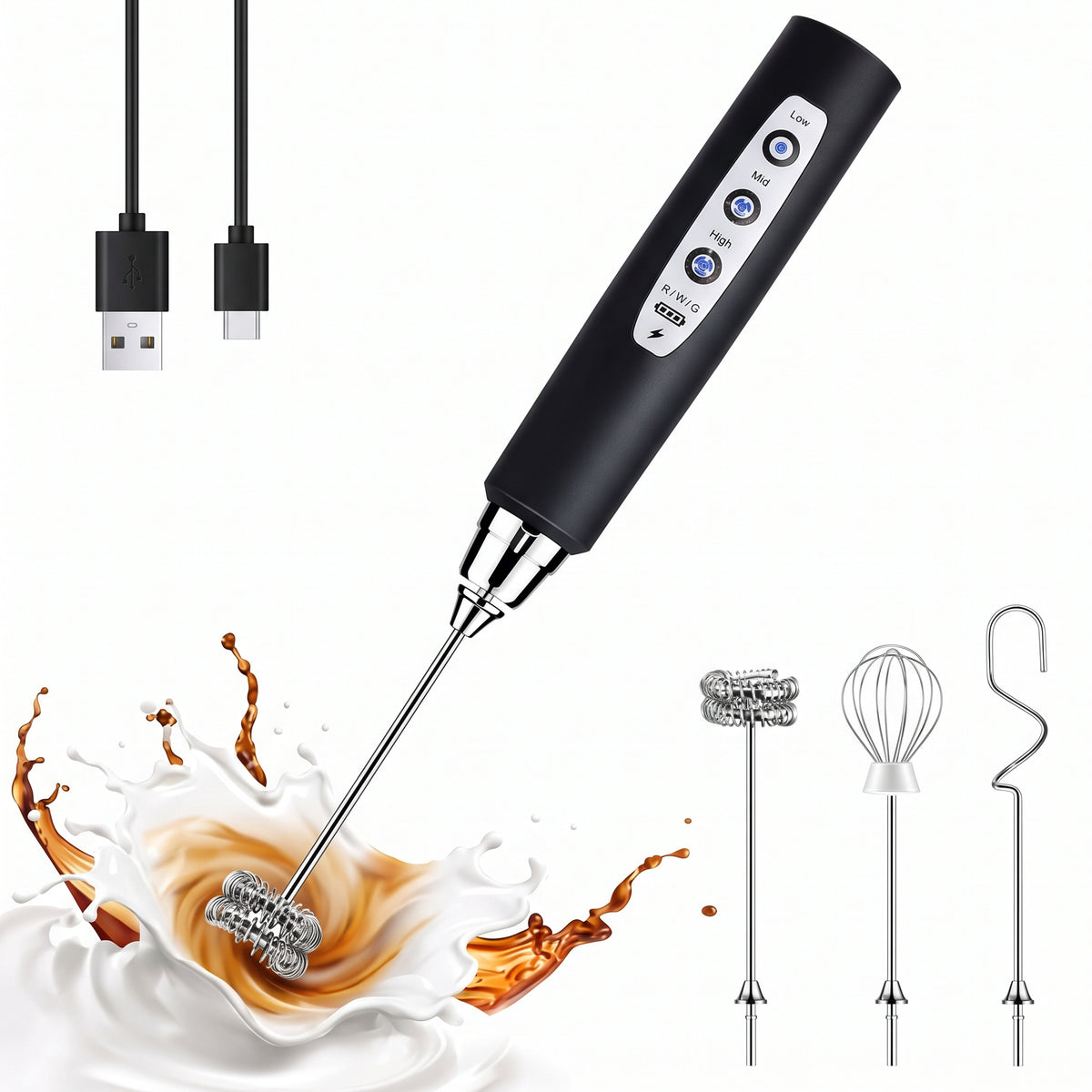Rechargeable Handheld Milk Frother Wand with 3 Whisk Heads & 3 Speeds — Electric Coffee Drink Mixer for Lattes, Cappuccino, Matcha & Protein Powder