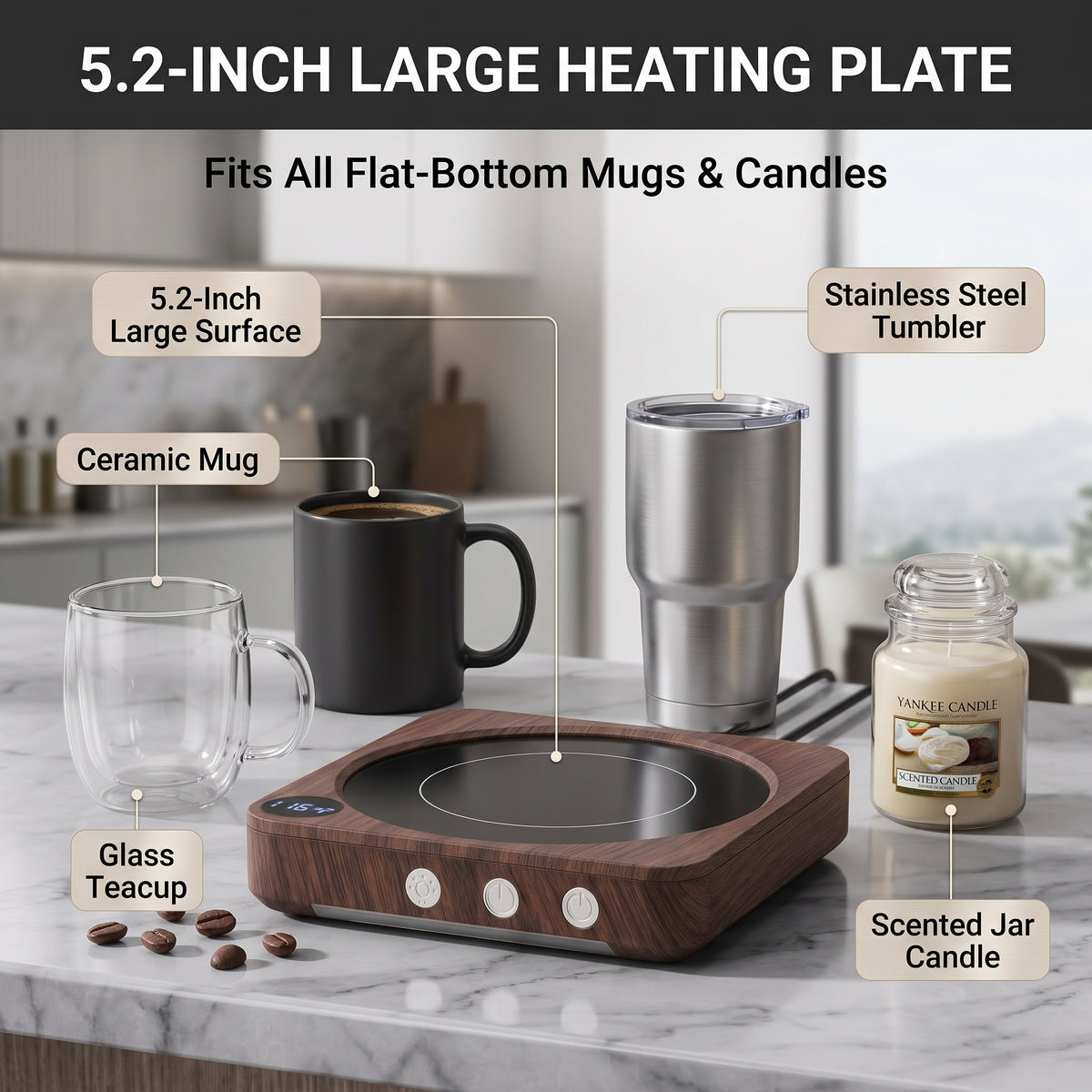 House Gem Coffee Mug Warmer for Desk & Candle Warmer Plate — 36W Fast Heating to 176°F, 12H Timer, Smart Memory & LED Display