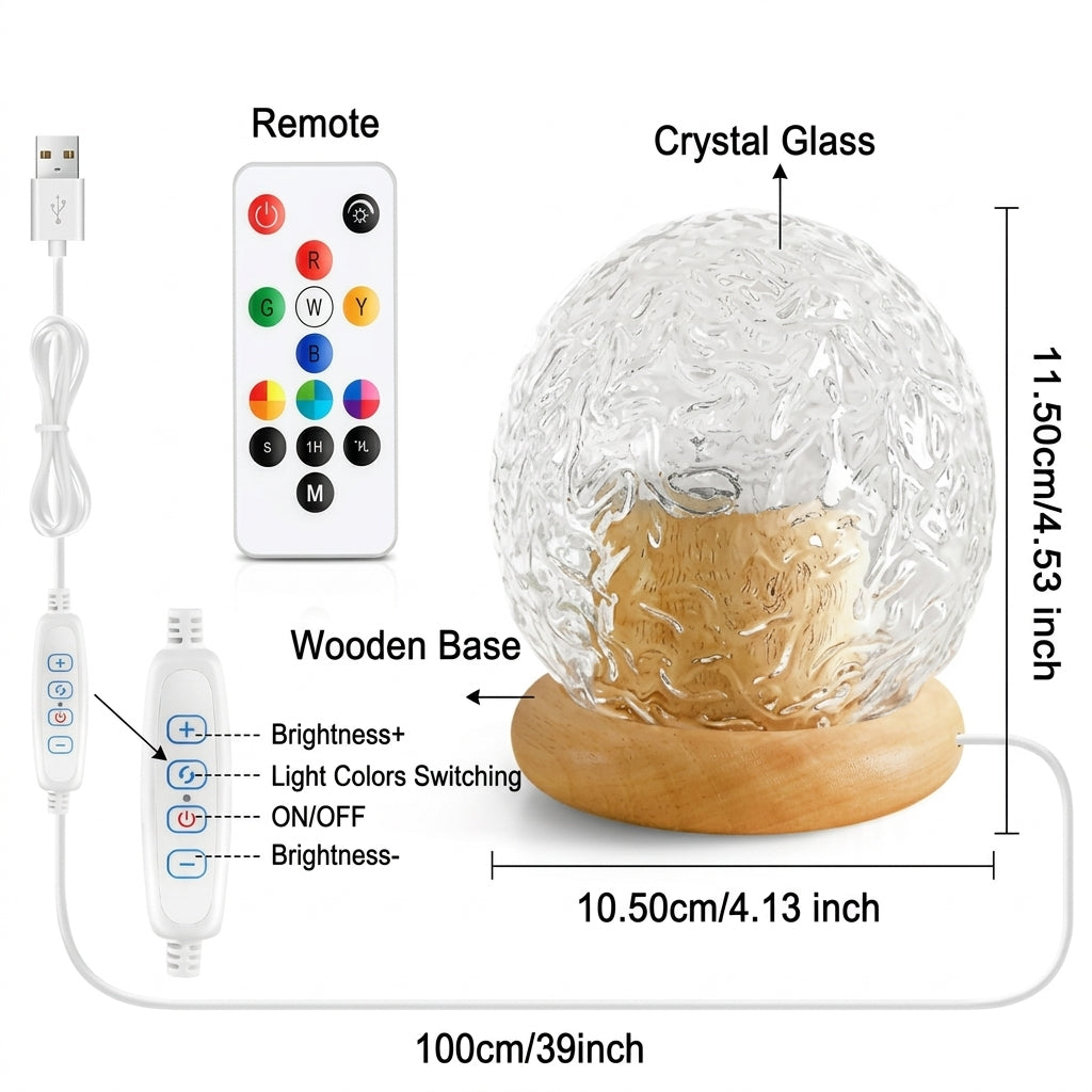 3-in-1 Crystal Glass LED Ambient Light Projector — 16-Color Ocean Wave & Sunset Lamp with Remote Control, Timer & Wooden Base