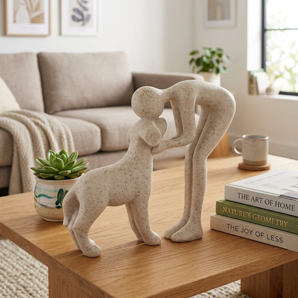 Abstract Person and Dog Head-to-Head Figurine | Sandstone Finish Resin Sculpture & Sympathy Memorial Keepsake for Dog Lovers
