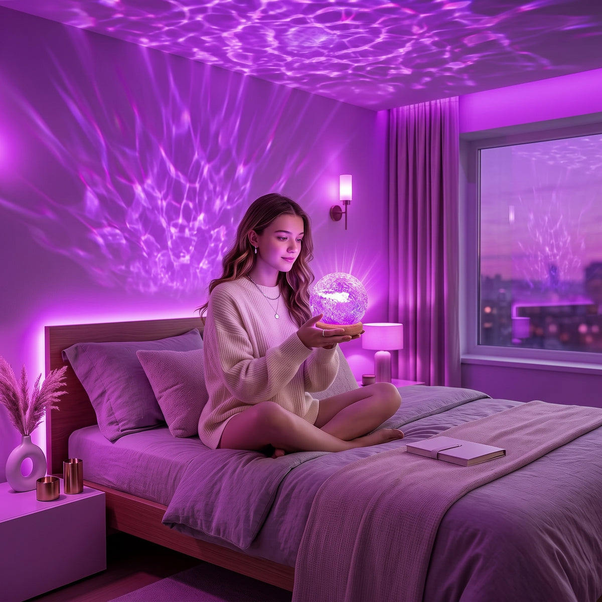 3-in-1 Crystal Glass LED Ambient Light Projector — 16-Color Ocean Wave & Sunset Lamp with Remote Control, Timer & Wooden Base