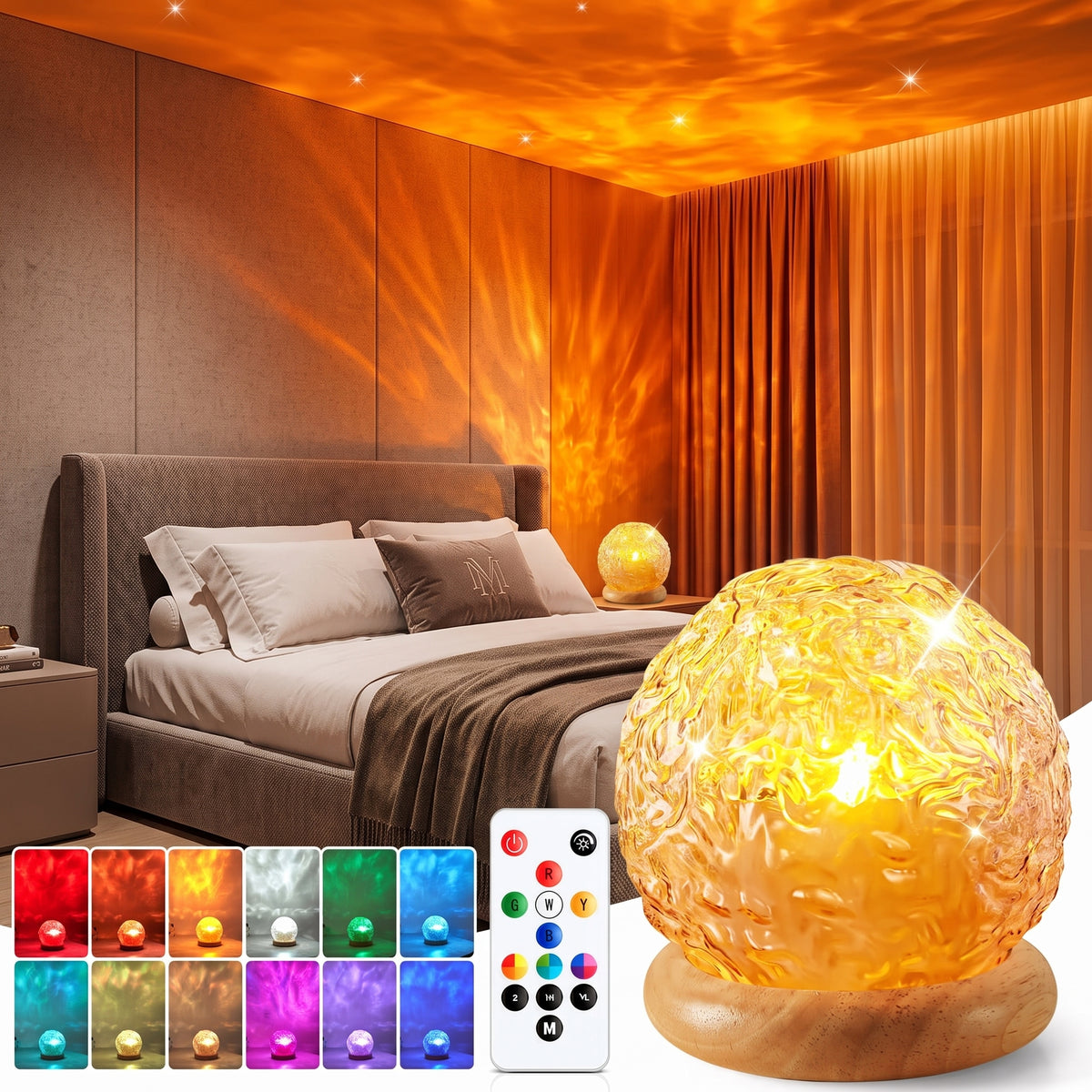 3-in-1 Crystal Glass LED Ambient Light Projector — 16-Color Ocean Wave & Sunset Lamp with Remote Control, Timer & Wooden Base