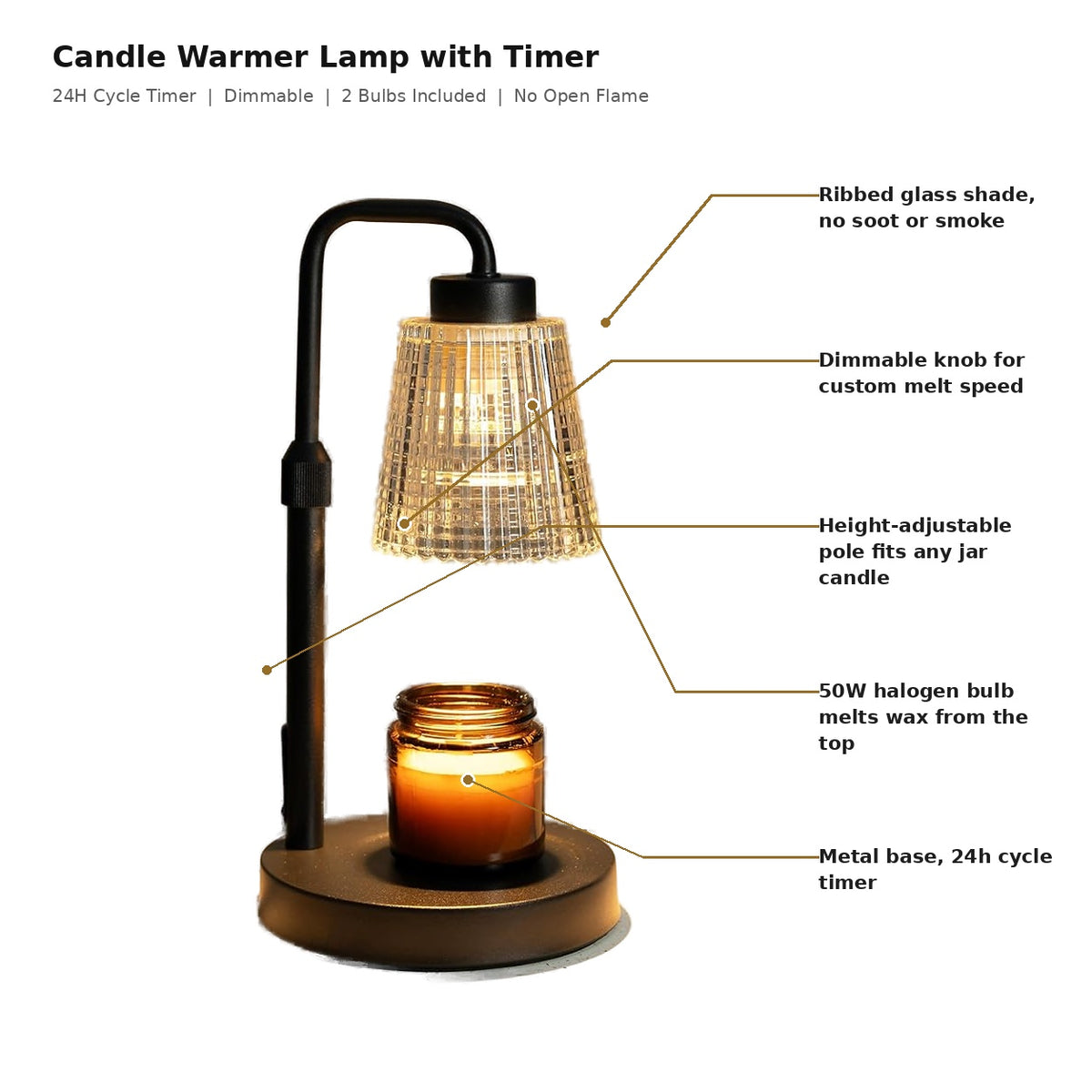 Dimmable Candle Warmer Lamp with 24-Hour Cycle Timer | Height Adjustable Electric Wax Melt Warmer with Glass Shade & 2 Bulbs